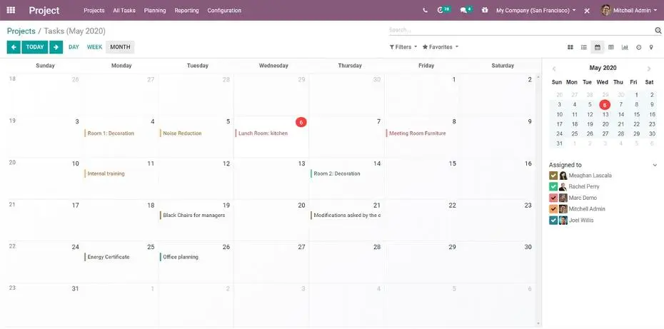 Календар задач в Odoo Project — планування проєктів, дедлайнів та завантаження команди